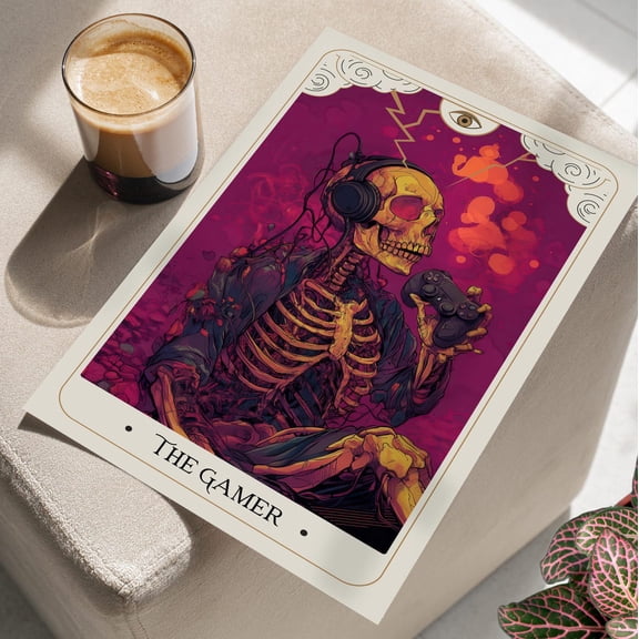 The Gamer Skeleton Tarot Card Retro Gaming Aesthetic Skull Portrait Gothic Arcade Decor Modern Wall Art Print