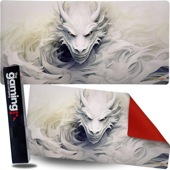 The Gaming Mat Company GMCX Single Player Playmat, 28 x 14 Inches Trading Card Game Playmat & Gaming Mouse Pad, White Dragon with Red Rubber Base