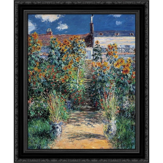 The Garden at Vetheuil 20x24 Black Ornate Wood Framed Canvas Art by Monet, Claude
