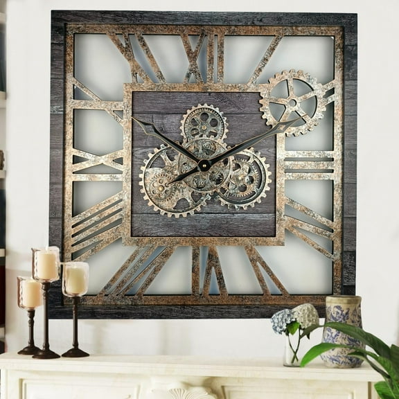 The Gears Clock 24 Inch Square Real Moving Gear Wall Clock Vintage Industrial Oversized Rustic Farmhouse Decor for Living Room Office Carbon Grey