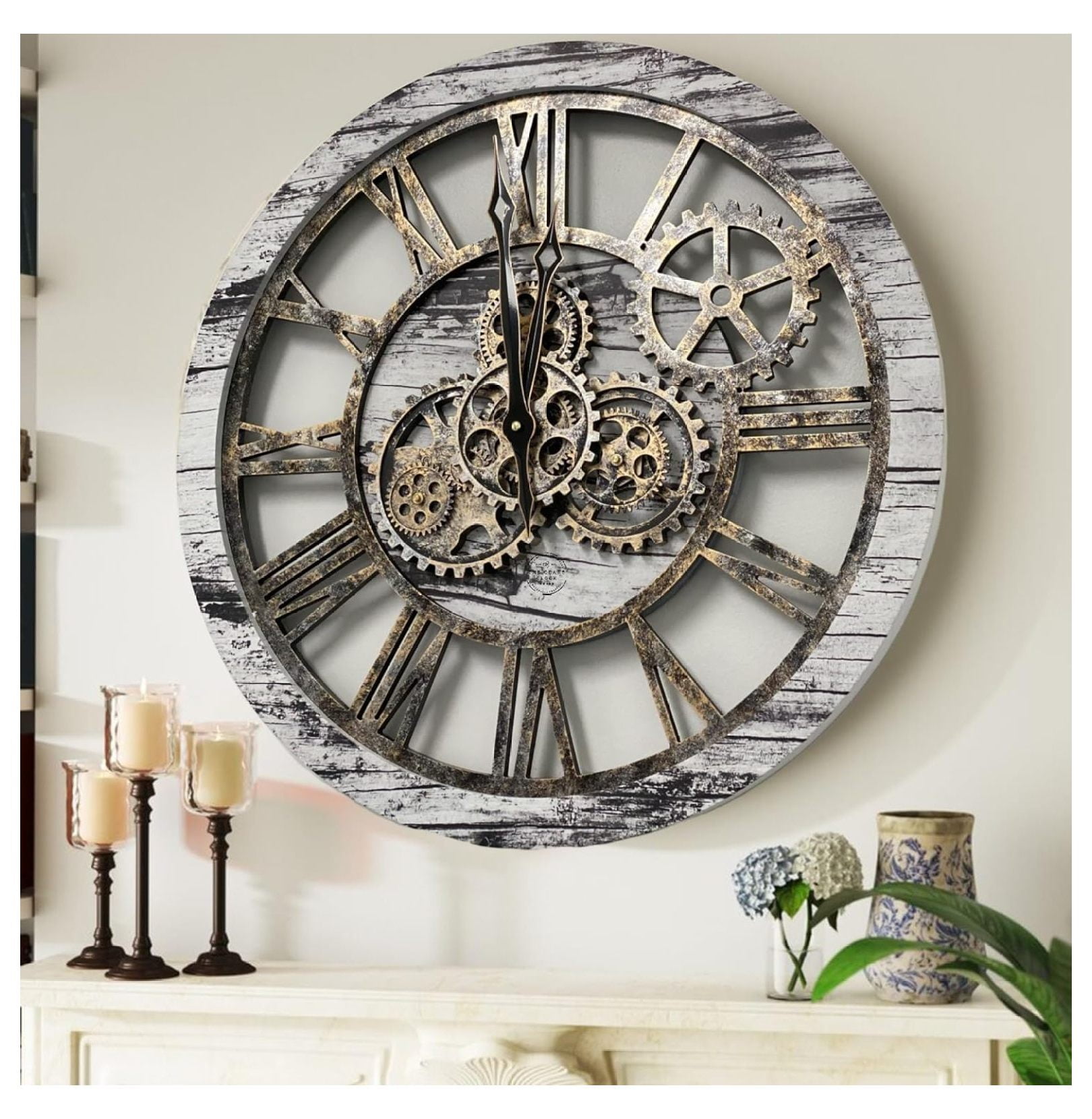 The Gears Clock Real Moving Gear Wall Clock Vintage Industrial Oversized Rustic Farmhouse (24