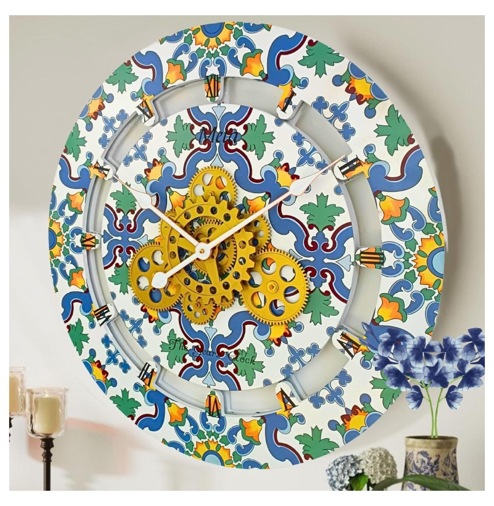 24'' Multicolor Wood and Metal Wall Clock with Moving Gears