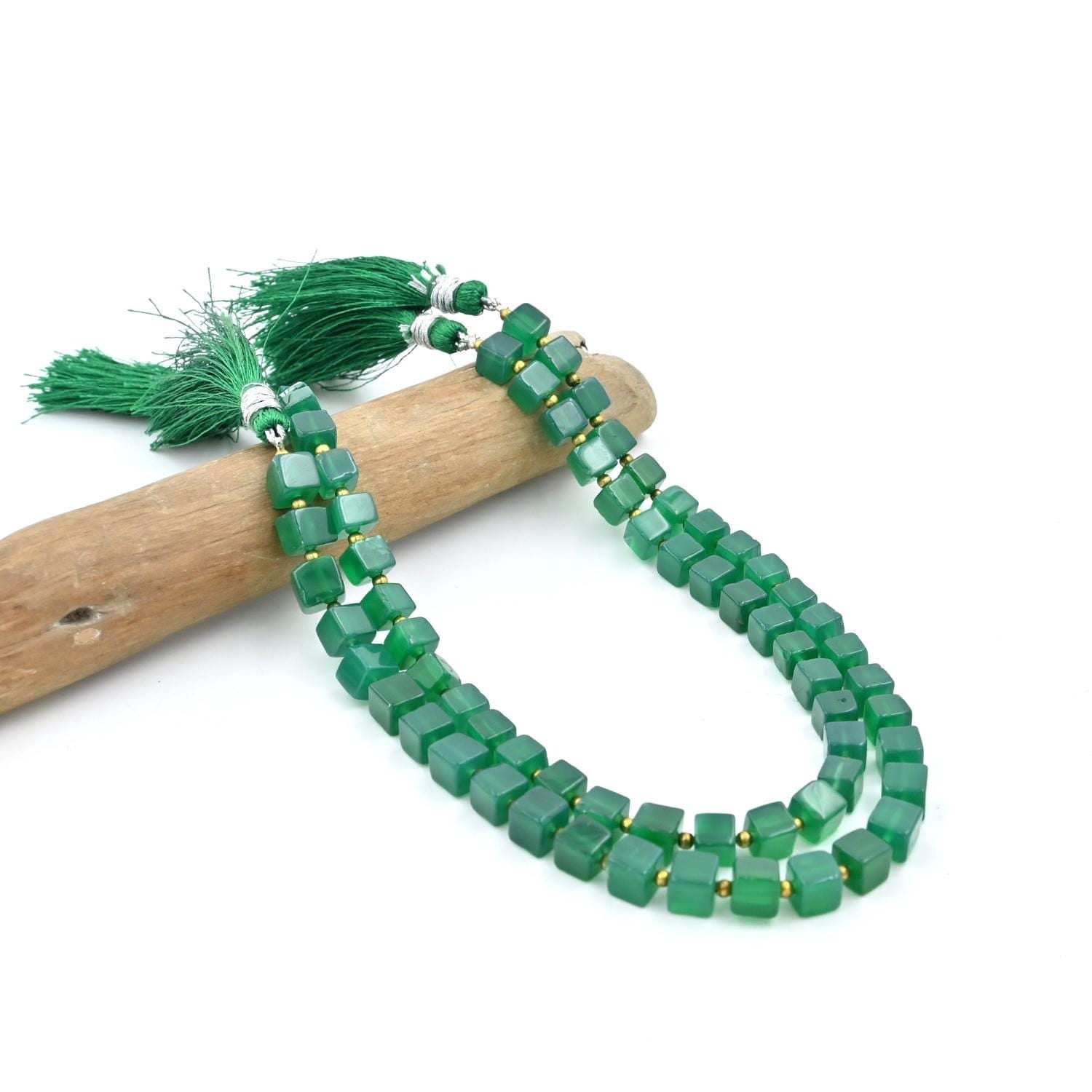 The Gems Grid Natural Green Onyx Cube Beads 5.5-6mm Loose Strand for Jewelry Making Crafts