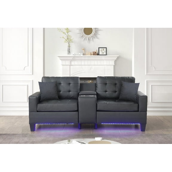 Modern Black PVC Fabric 85"W Sofa with LED Lights, USB Charger & Storage