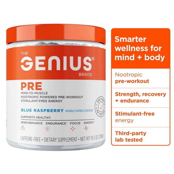 The Genius Brand Genius Pre - Clean Pre-Workout Powder for Energy, Focus & Fitness Support - No Artificial Flavors, Preservatives, or Proprietary Blends - Non-GMO - 20 Servings - Blue Raspberry