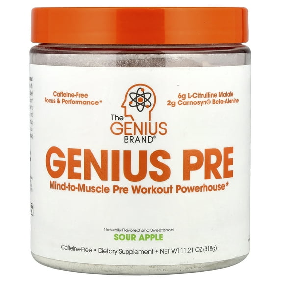 Pre-Workout Natural Energy Supplement Caffeine-free Nootropic Focus & Muscle Building Support, Sour Apple, Genius Pre by the Genius Brand