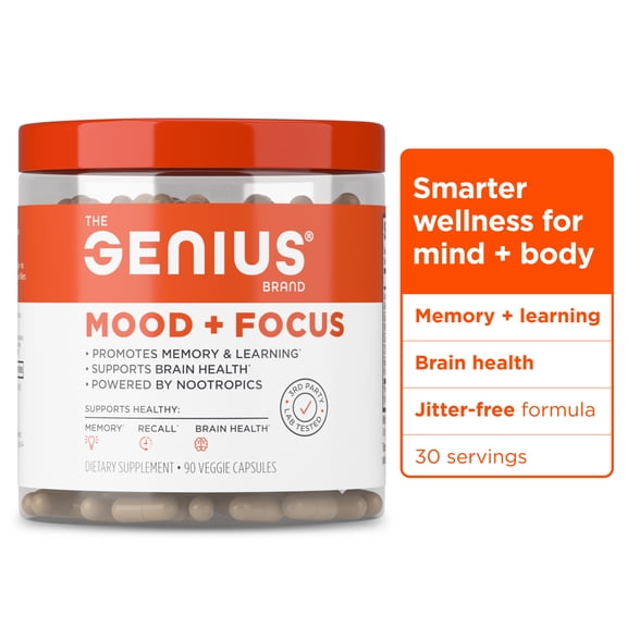 The Genius Brand Mood + Focus Nootropic 400mg Organic Lions Mane, Alpha GPC & Citicoline Memory & Focus Supplement 30 Servings