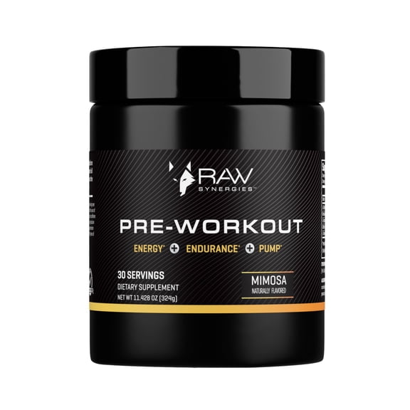RAW Synergies Pre-Workout - Sustained Energy & Endurance Support - Naturally Sourced Caffeine, L-Theanine, Citrulline & Beta-Alanine - Boost Focus, Pumps & Performance - Mimosa Flavor - 30 Servings