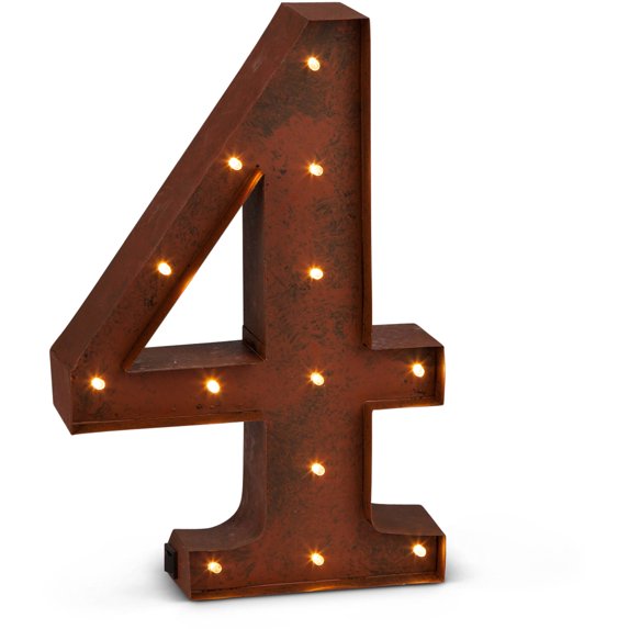 The Gerson Company 12"H Brown Rustic Finish Lighted Numeral "4" with 13L Warm White LEDs