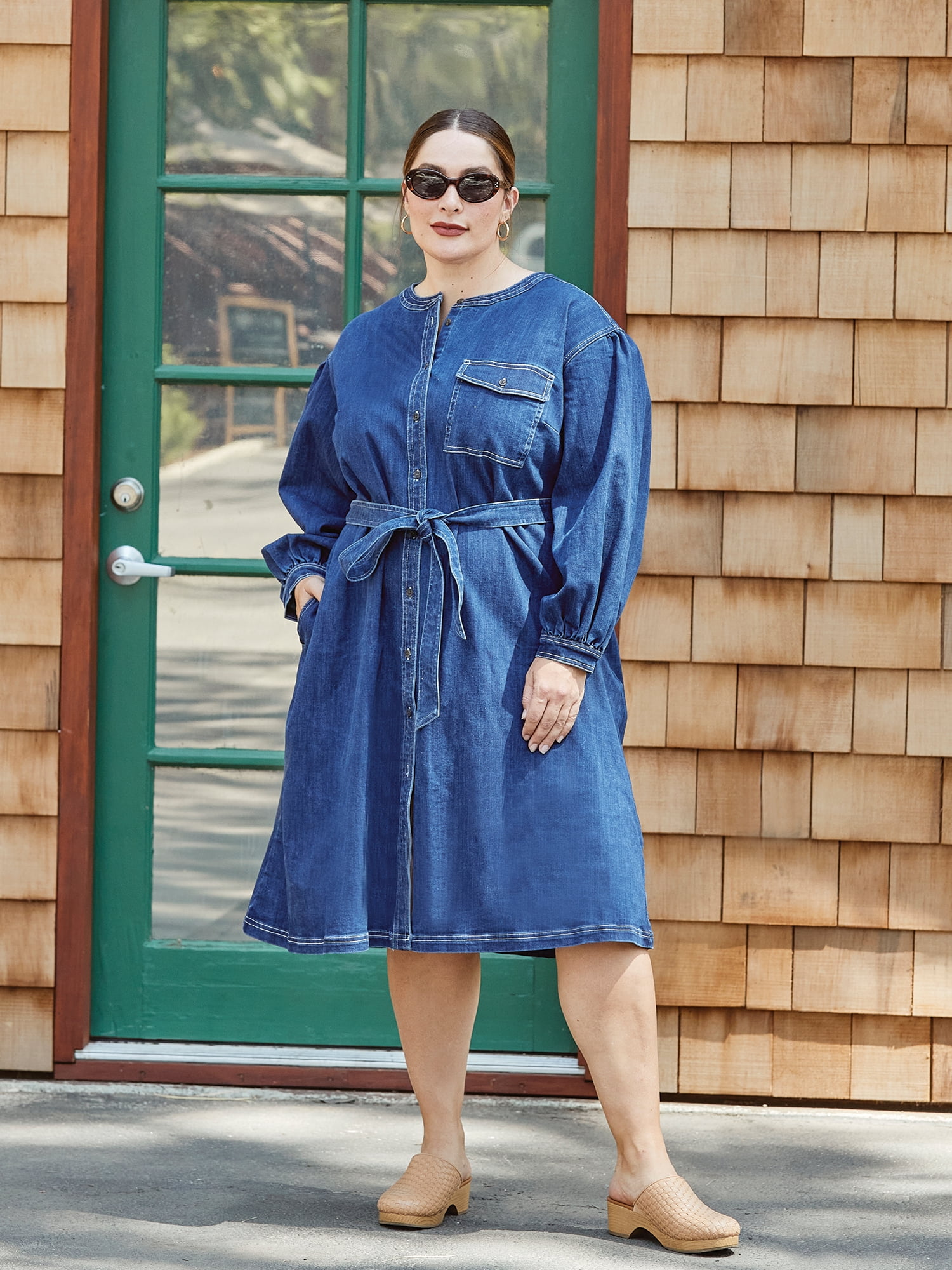 The Get Women's Plus Size Denim Button Front Dress with Balloon Sleeves
