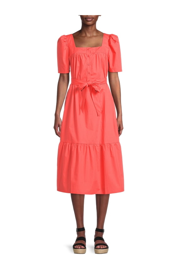Women's Short Sleeve Midi Dress with Puff Shoulders