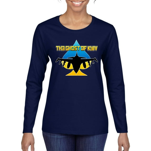 The Ghost Of Kyiv Womens Graphic Long Sleeve T-Shirt, Navy, XX-Large