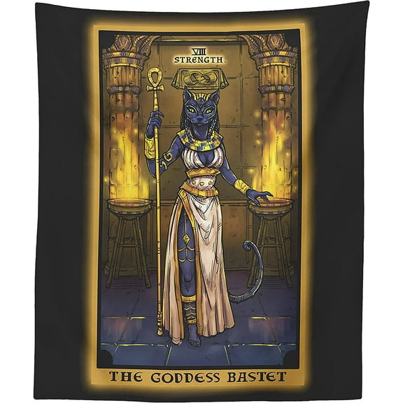 The Ghoulish Garb The Goddess Bastet in the Strength Tarot Card Tapestry 60" x 50"