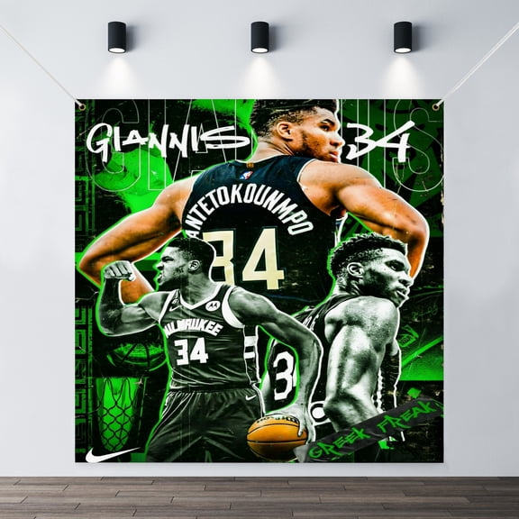 The Giannis Antetokounmpo holiday banner is perfect for adding festive cheer.35.43x35.43in90x90cm