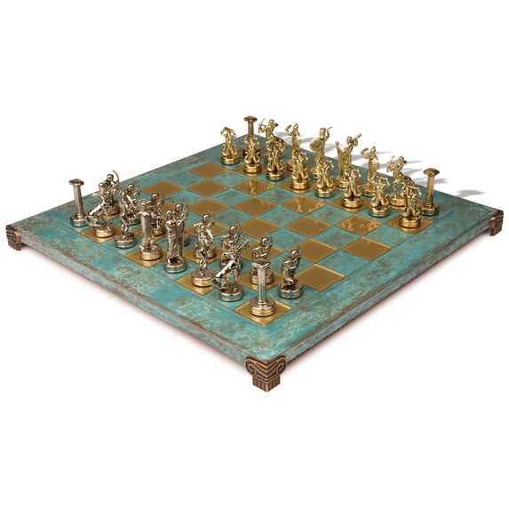 The Giants Battle Theme Chess Set with Brass & Nickel Pieces - Turquoise Board
