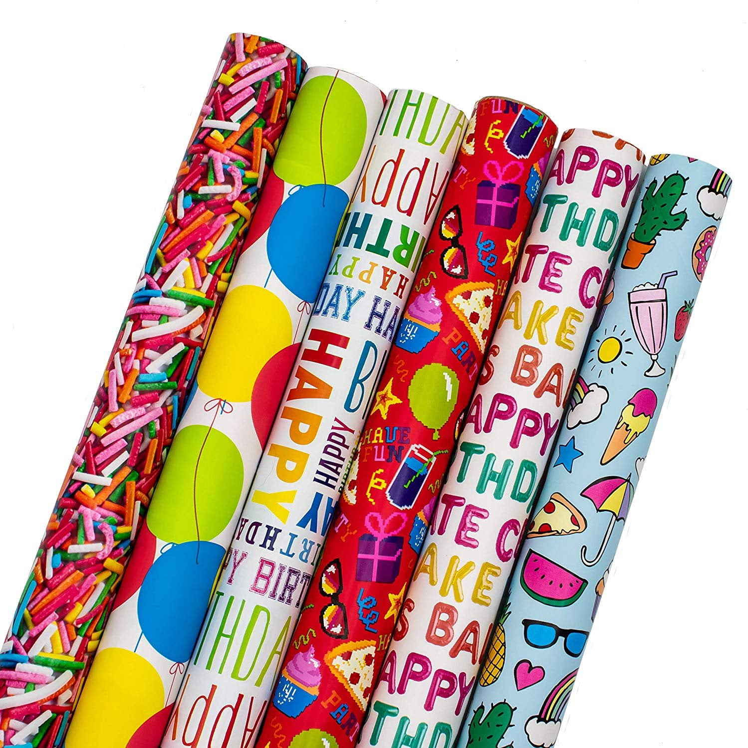 The Gift Wrap Company Funny Different Designs Multi-Color Birthday Gift Wrap Papers, (6 Rolls) 90 Sq ft., Multicolor