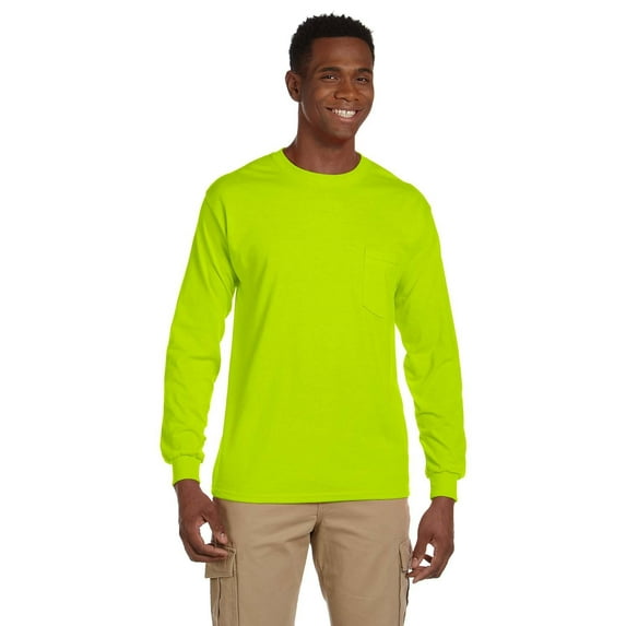 The Gildan Adult Ultra Cotton 6 oz Long Sleeve Pocket T-Shirt - SAFETY GREEN - 2XL