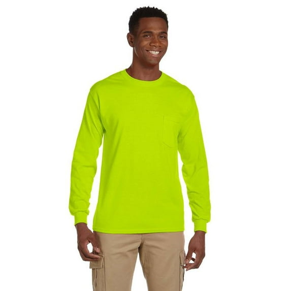 The Gildan Adult Ultra Cotton 6 oz Long Sleeve Pocket T-Shirt - SAFETY GREEN - XL