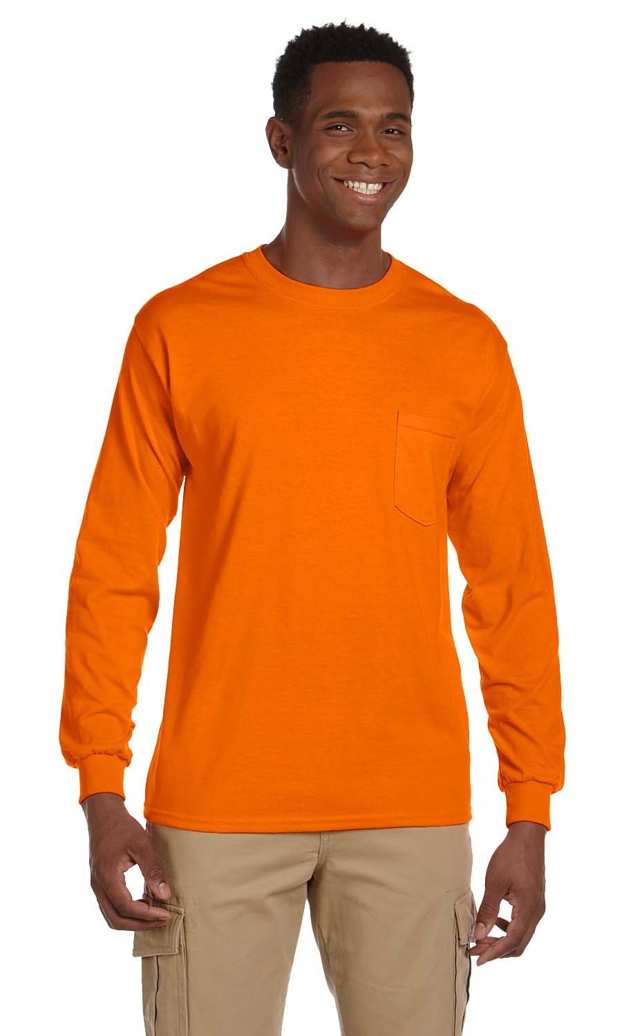Gildan Ultra Cotton Long Sleeve T-Shirt With Pocket - Safety Orange, Heavyweight Work Tee