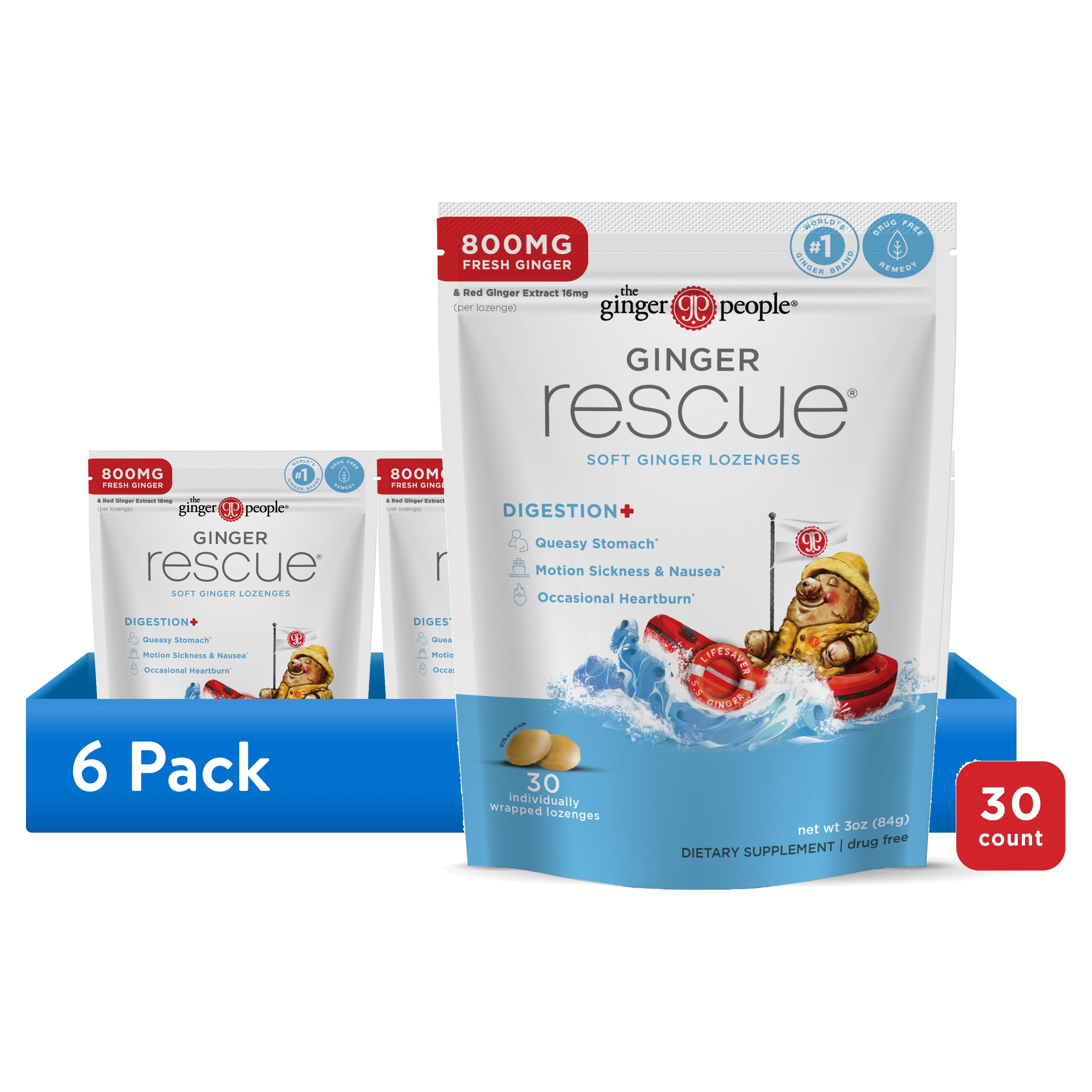 (6 pack) The Ginger People Ginger Rescue Soft Lozenges for Nausea and Upset Stomach, 3 oz