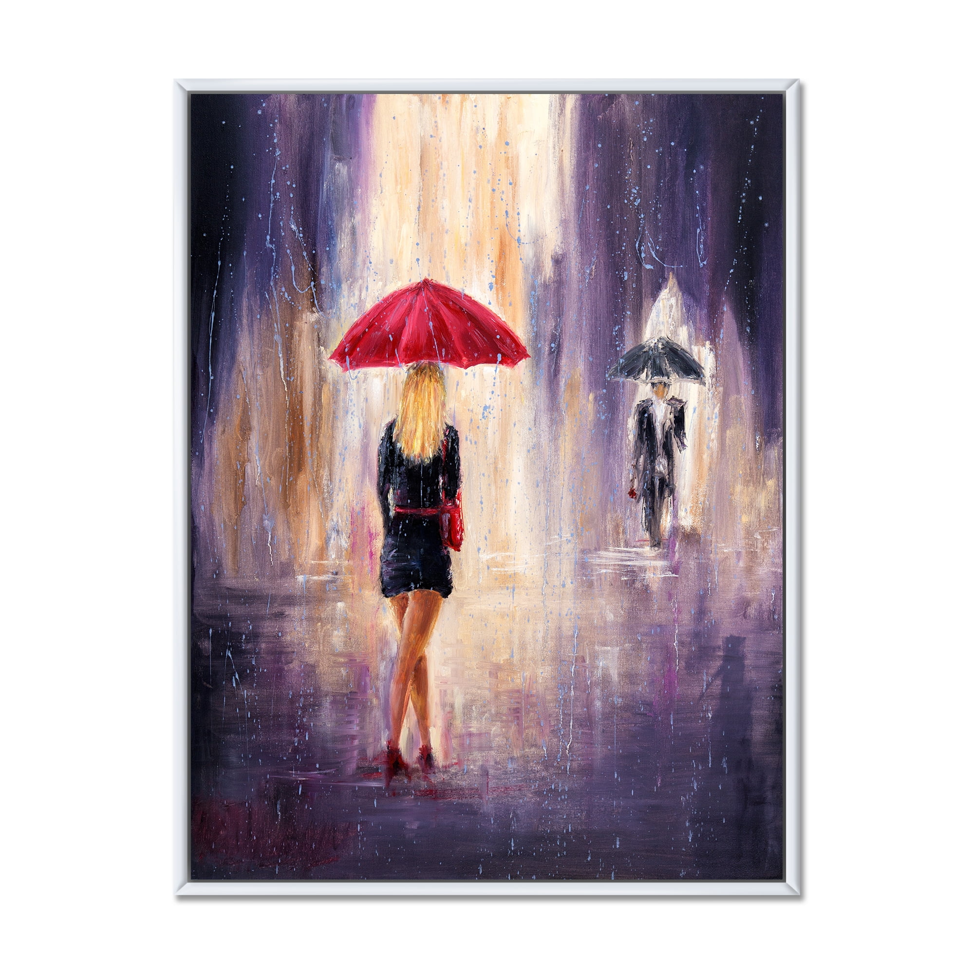 The Girl With The Umbrella Walking In The Rain II 24 in x 32 in Framed Painting Canvas Art Print, by Designart