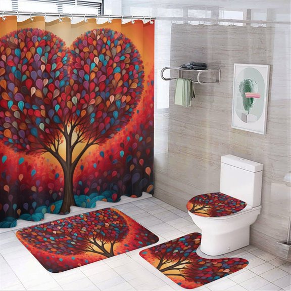 The Giving Tree Bathroom Sets with Shower Curtain And Rugs, Incl with 12 Hooks，Toilet Lid Oval Rug