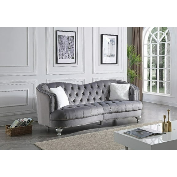 The Glory Furniture Jewel G755-S Sofa in GRAY featuring Hand Applied Nailhead Trim and Painted Legs