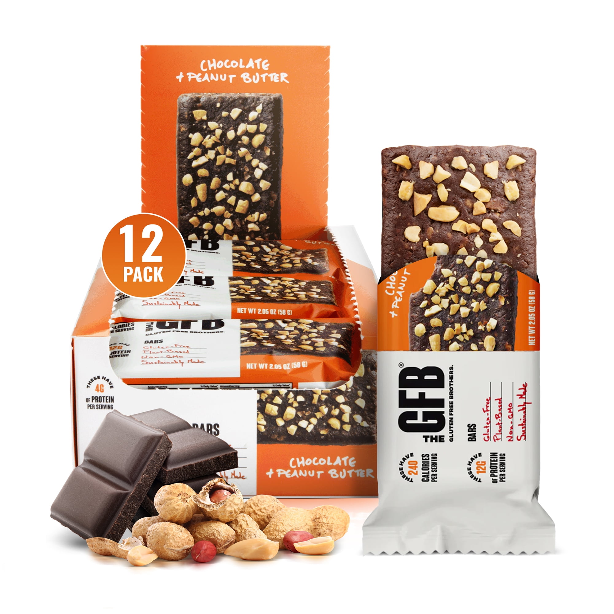 The Gluten Free Brothers Chocolate Peanut Butter Snack Bars Non GMO, Vegan 2.05 oz (12 Ct)
