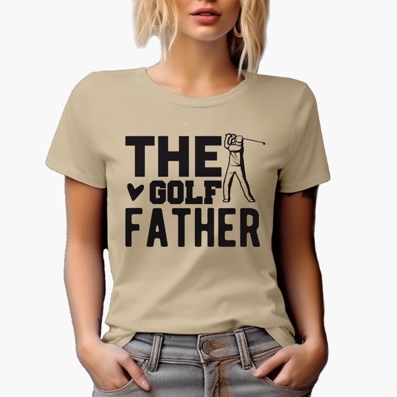 The Golf Father Pun with a Swinging Golf Player, Golfing or Golfer Themed Merch Gift, Tan T-Shirt, M