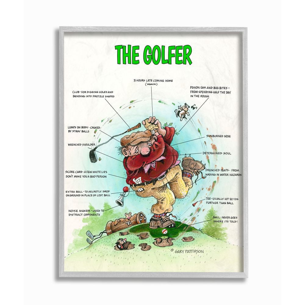 The Golfer Funny Golf Cartoon Sports Design Gray Farmhouse Rustic Framed Giclee Texturized Art by Gary Patterson