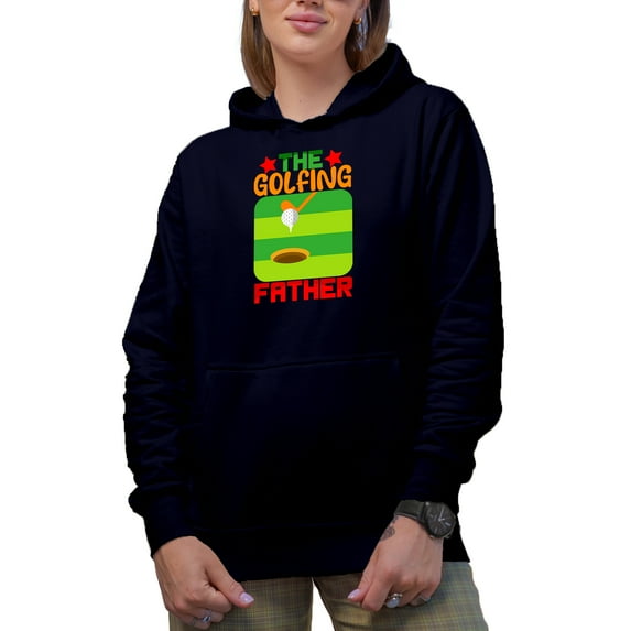 The Golfing Father with a Club Hitting a Ball, Golf Player, Golfing or Golfer Themed Merch Gift, Navy Blue Hooded Sweatshirt or Hoodie, Medium