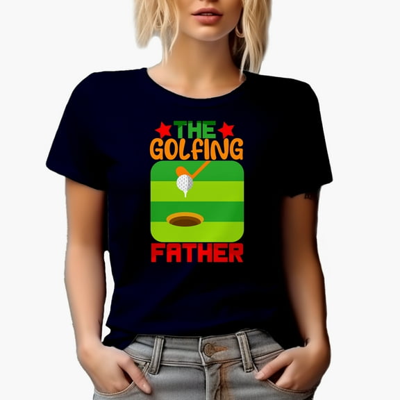 The Golfing Father with a Club Hitting a Ball, Golf Player, Golfing or Golfer Themed Merch Gift, Navy Blue T-Shirt, Large