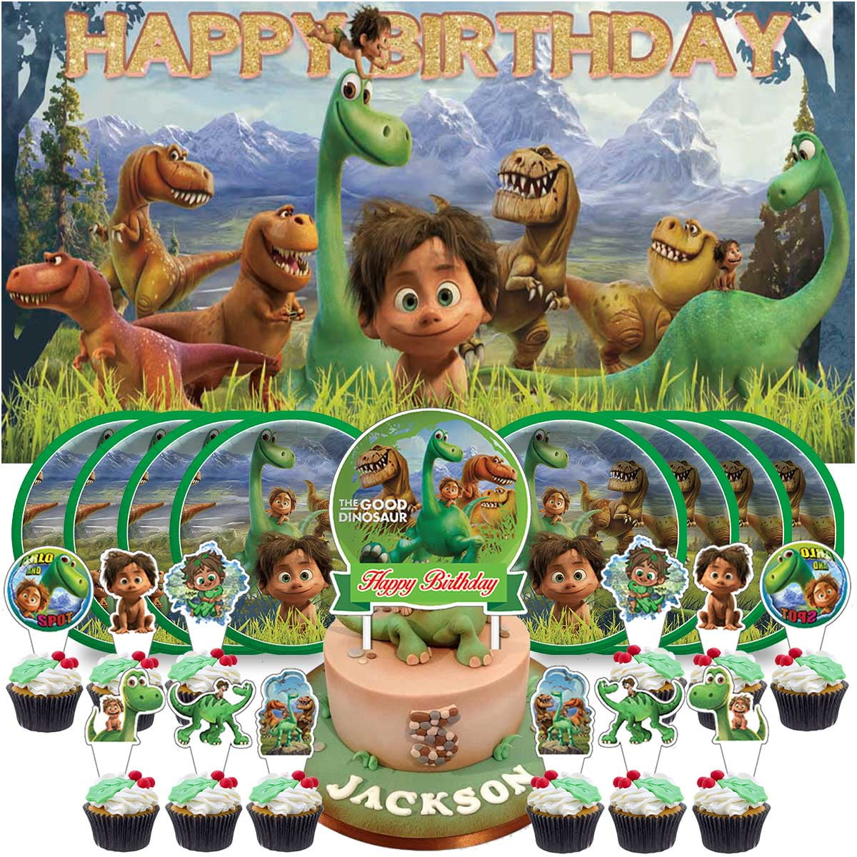 Dinosaur Birthday Cake Topper Set - Includes 1 Dino, 12 Palm Leaves, 10 Green Ball Toppers For Theme Party Decor
