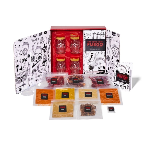 The Good Hurt Fuego by Thoughtfully Hot Sauce Making Kit, 4 Mini Skull Jars, 2 Funnels, Recipe Book, Seasonings and Gloves for Independence Day Gifts
