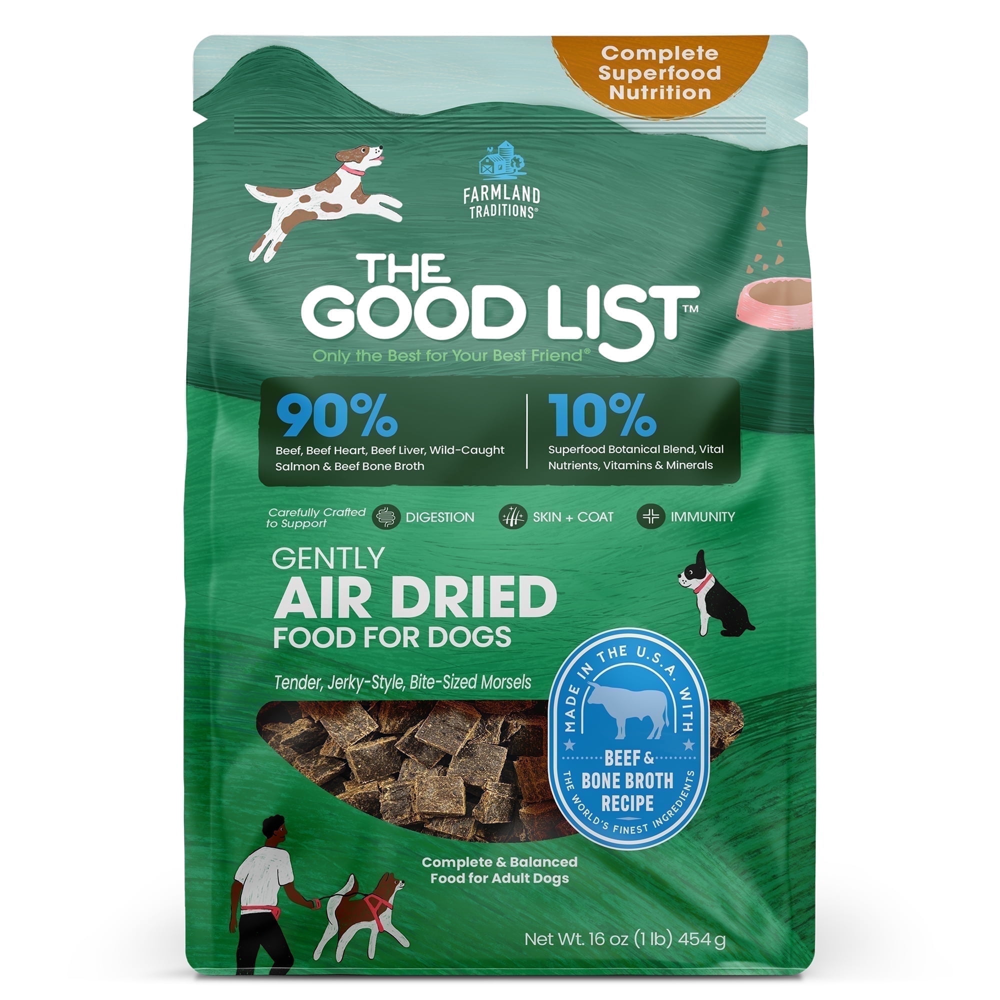 Farmland Traditions The Good List Air-Dried Dog Food, Premium Beef & Bone Broth for Dogs, Protein Rich & Grain-Free Nutrition, 1 Pound Bag