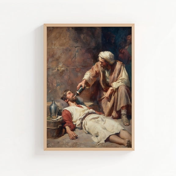 The Good Samaritan Helping The Injured Man Biblical Print Christian Style Wall Art Unframed Paper Print