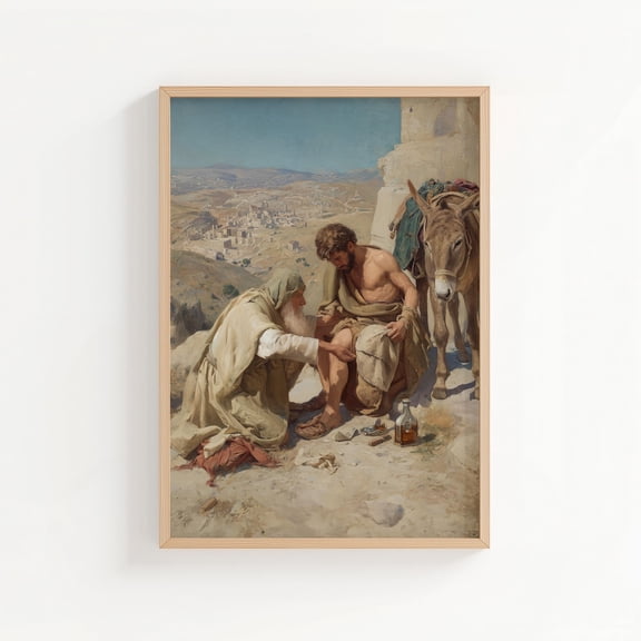The Good Samaritan Helping The Injured Man Print Christian Biblical Style Wall Art Unframed Paper Print