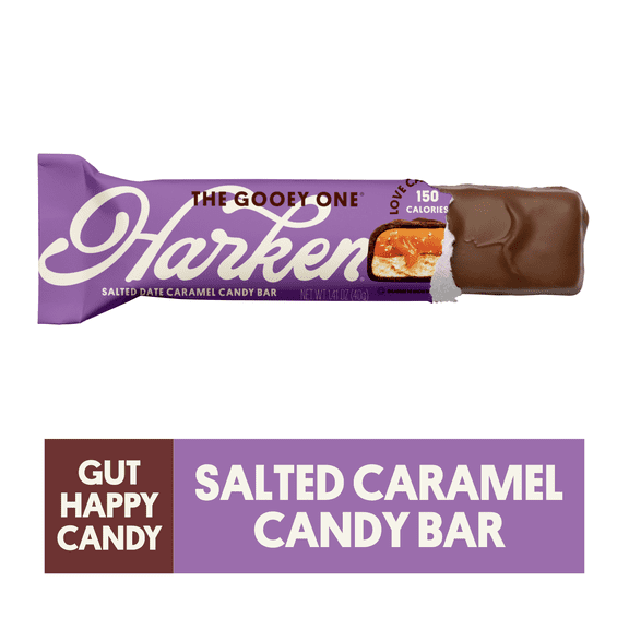 Harken, Salted Caramel & Chocolate Candy Bar, Added Sugar Free, 14g Fiber, Gut-Happy & Vegan Snack, Dairy Free, 1.41oz