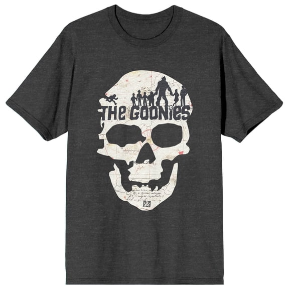The Goonies Skull Art With Title Logo Women's Charcoal Gray Heather Graphic Tee-Medium