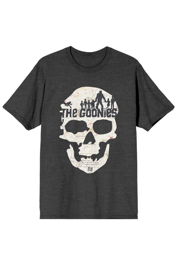 The Goonies Skull Art With Title Logo Women's Charcoal Gray Heather Graphic Tee-Medium