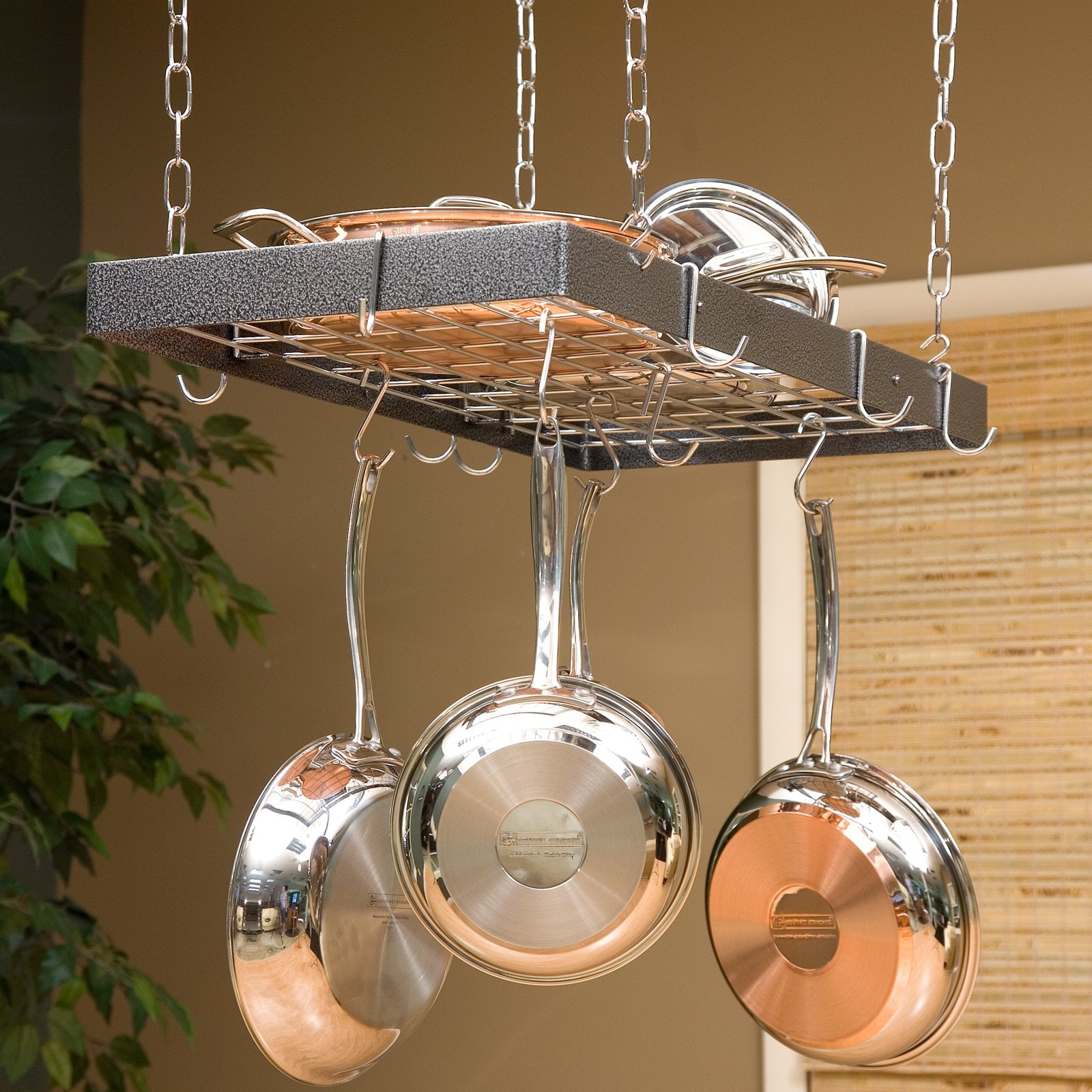Hammered Steel and Chrome Rectangular Ceiling Pot Rack