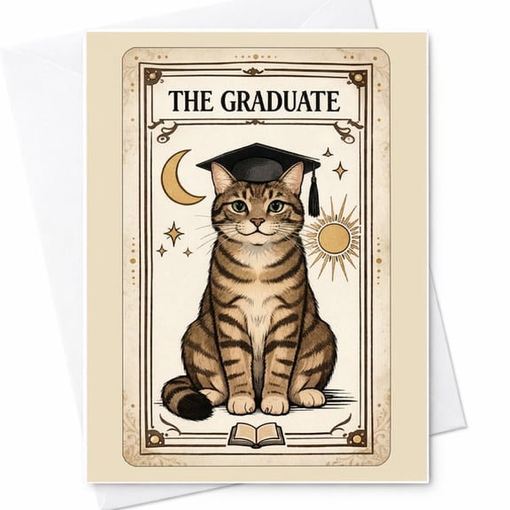 The Graduate Tarot Cat Graduation Card, Lino Print, Best Fri