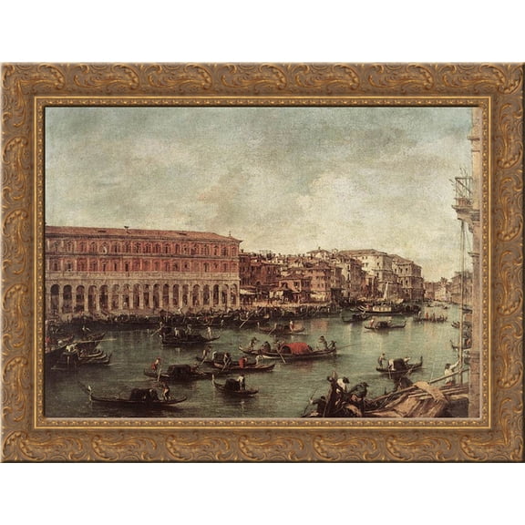 The Grand Canal at the Fish Market (Pescheria) 24x18 Gold Ornate Wood Framed Canvas Art by Francesco Guardi