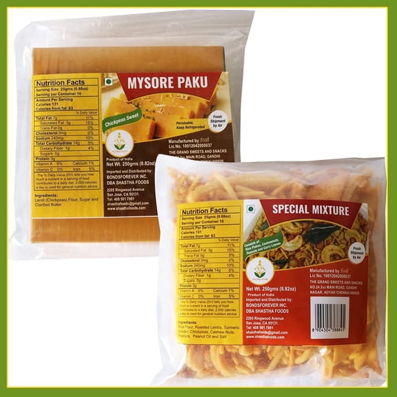The Grand Sweets and Snacks Combo b, pack of 2, 500 G - Whole Food Form, Plastic Pouch, Contains Dairy & Nuts - Mysore Pak and Special Mixture