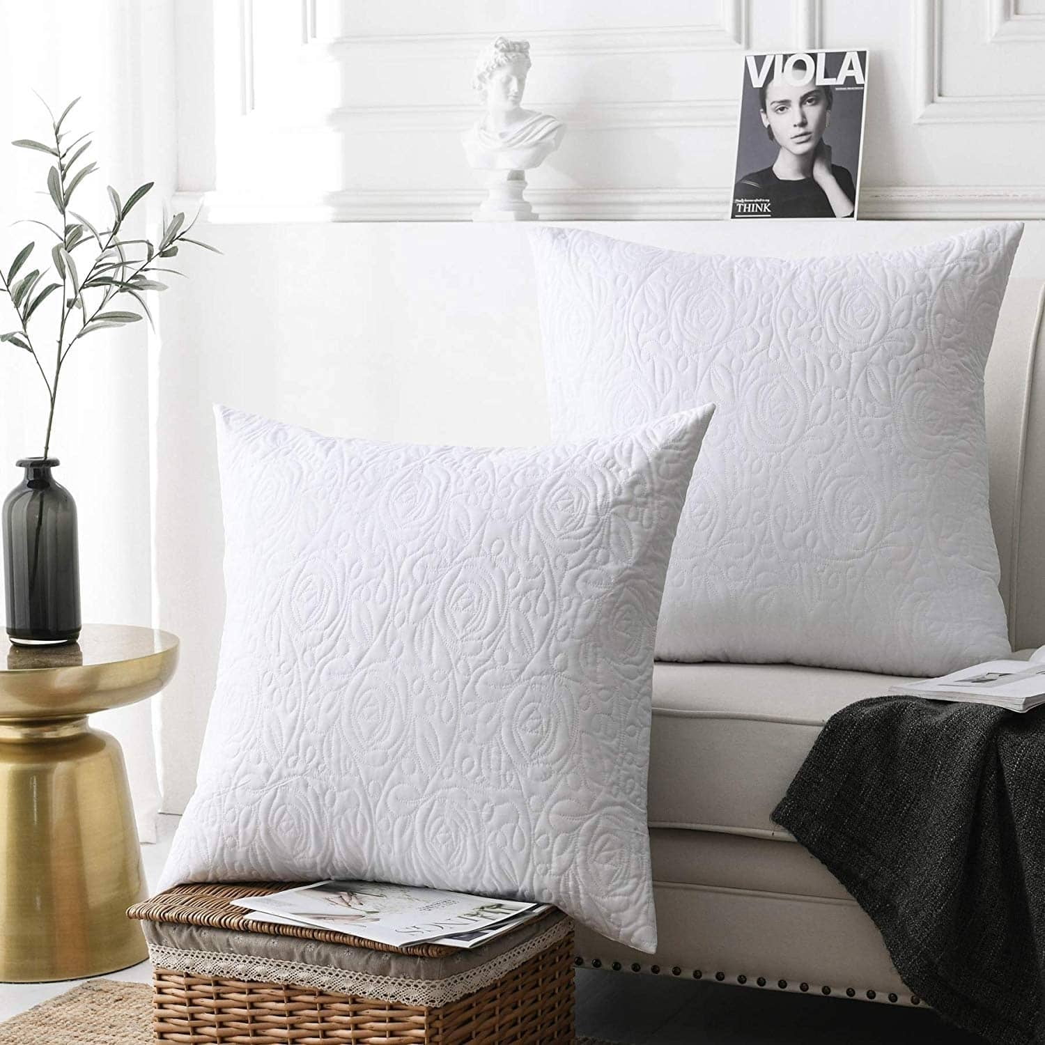 Beige Embroidered Cotton Euro Sham Pillow Covers, 22 x 22