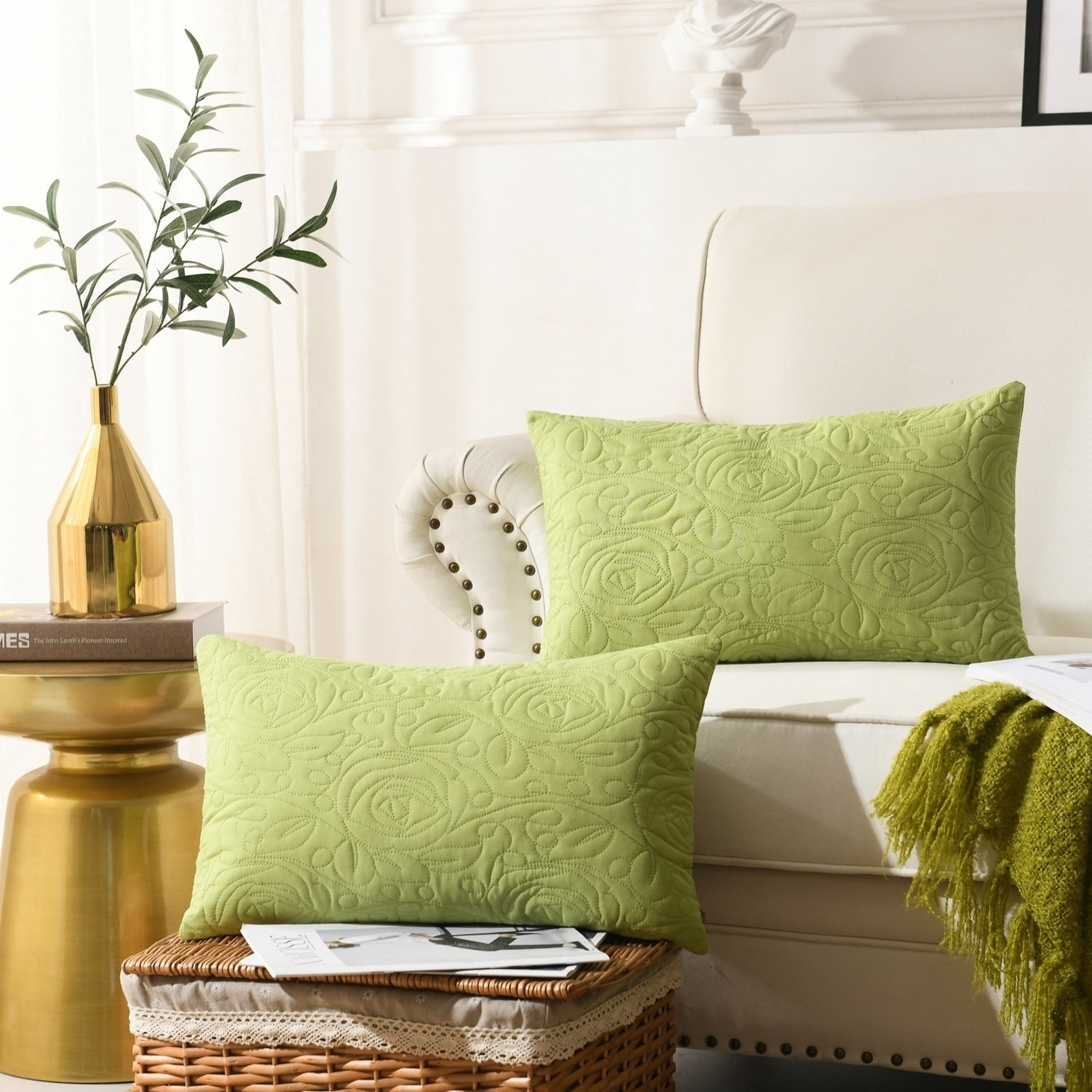 Green Embroidered Cotton Polyester Euro Sham Set