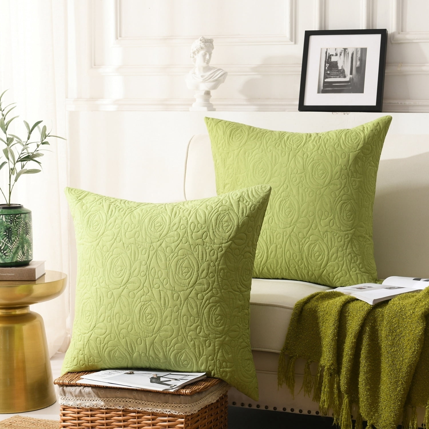 Green Embroidered Cotton Euro Sham Pillow Covers