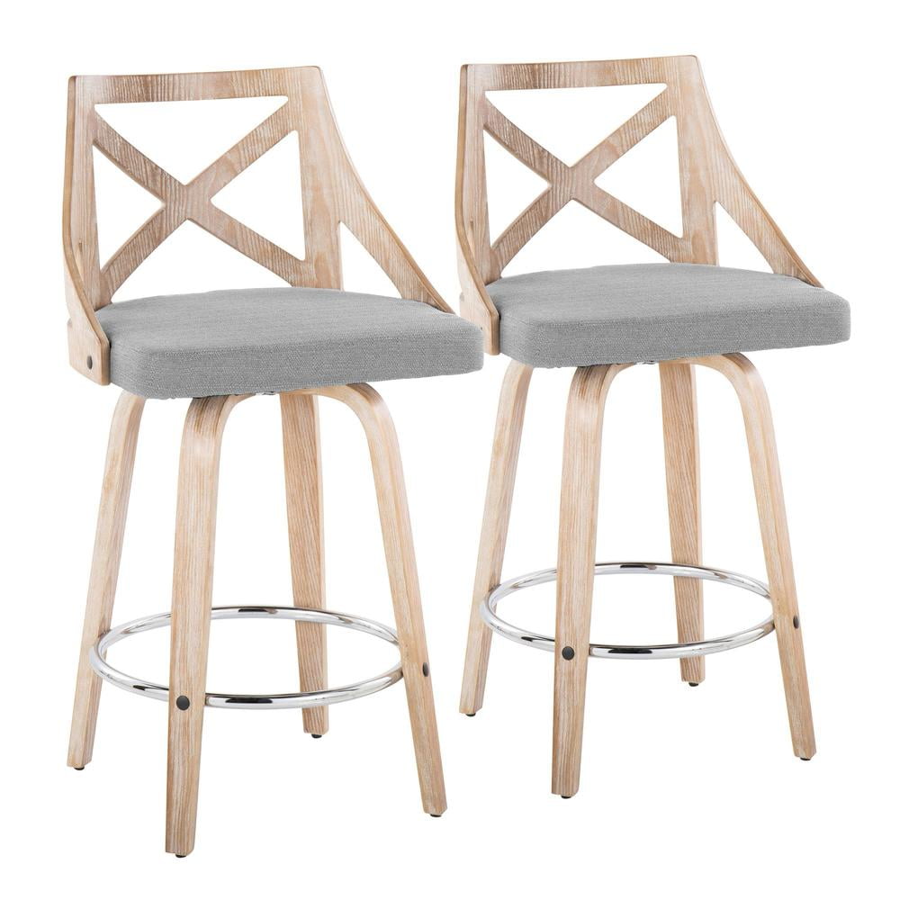 Charlotte 26" Light Grey Fabric and White Washed Wood Swivel Counter Stools