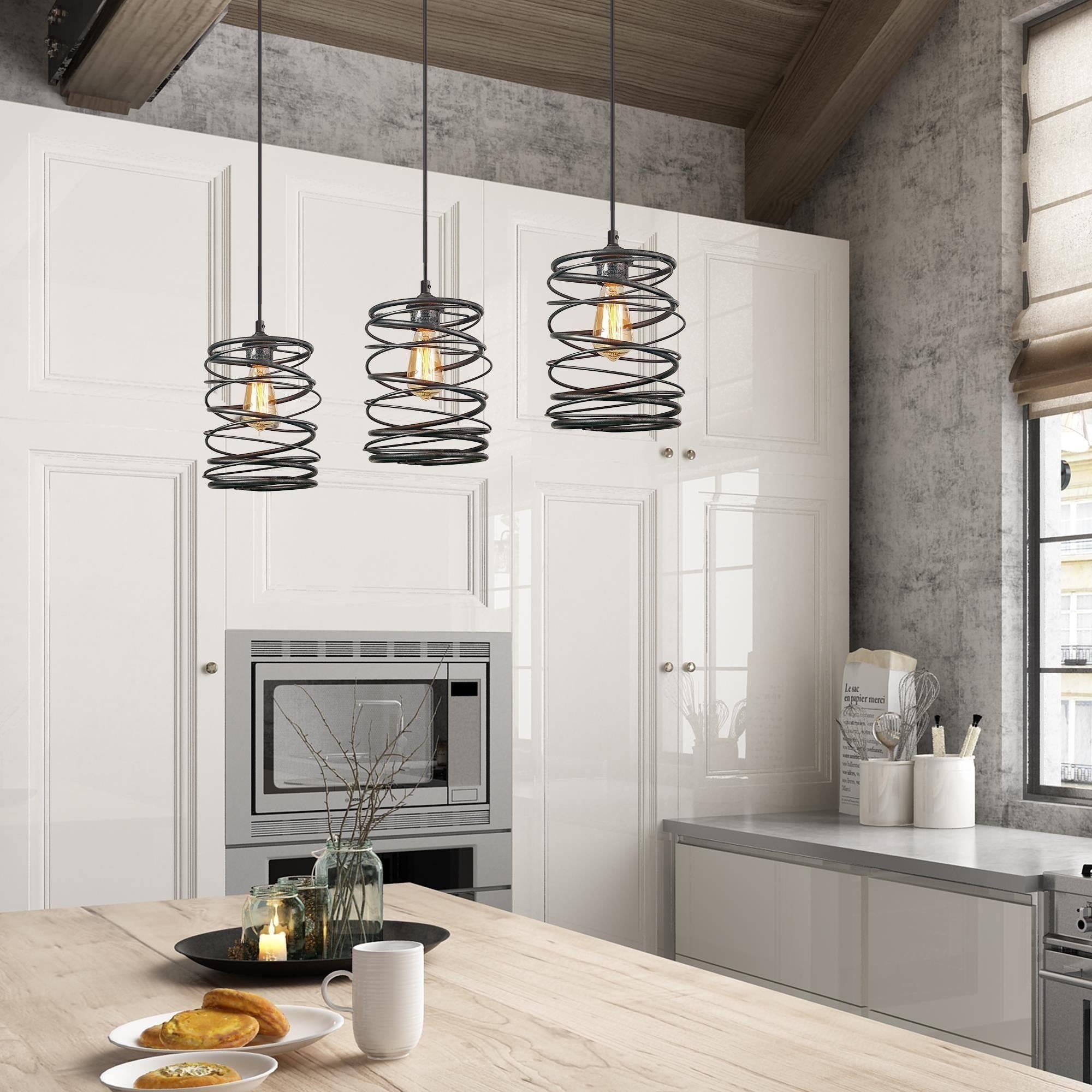 Black Metal Farmhouse Pendant Light with Spiral Design, 8" Diameter