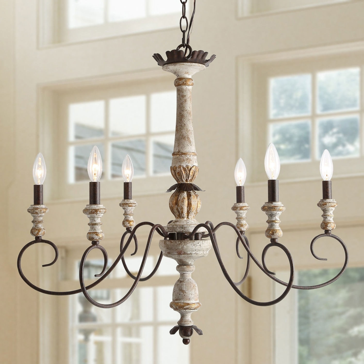 Distressed Wood and Iron French Country 6-Light Chandelier